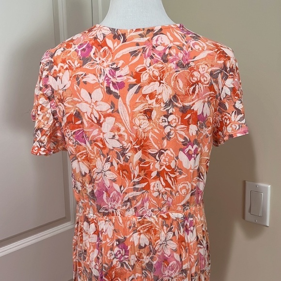 Torrid Lace Up Tea Length Crinkle Gauze Floral Coral Dress - Size 1X - Picture 7 of 10